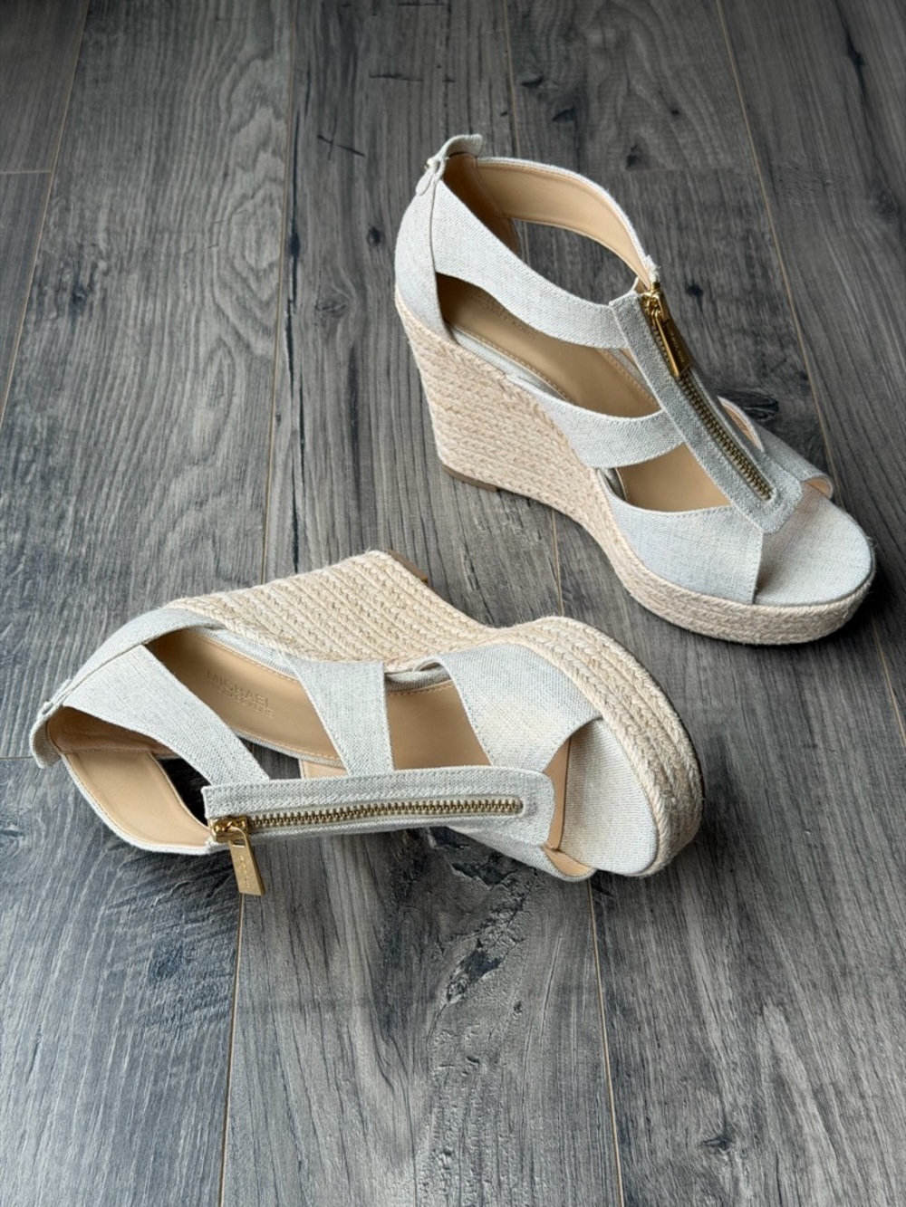 Michael Kors Damita Espadrille Wedge Sandals with Gold Zipper - Linen Look - 8 - Picture 4 of 13